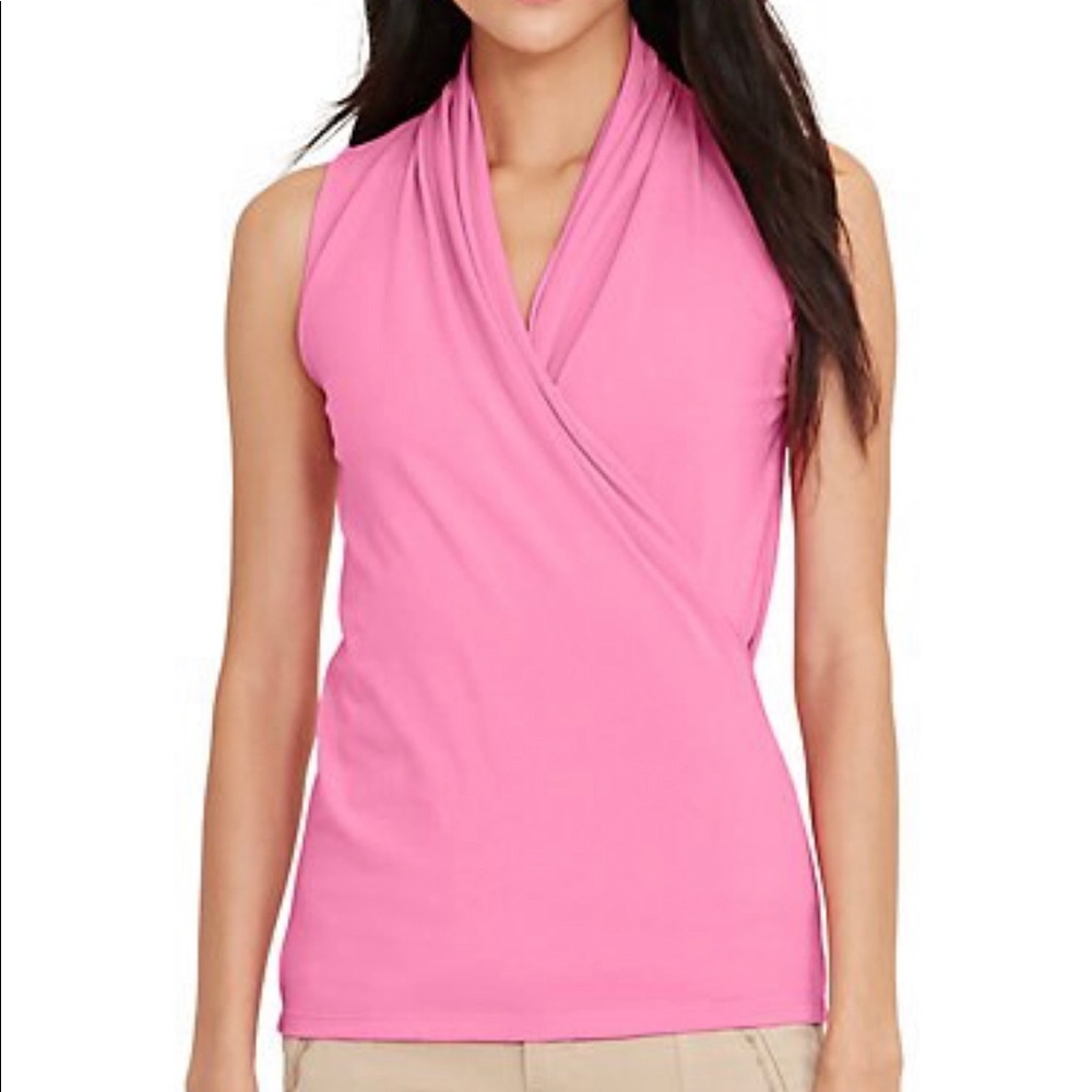NWT LAUREN Pink faux wrap sleeveless top Size Large Elastane Stretchy - Picture 2 of 4